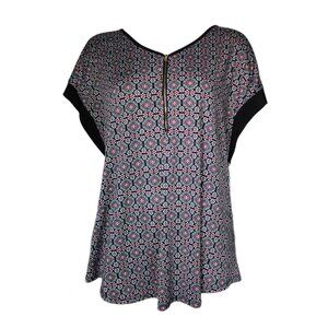 Roz & Ali Top‎ Womens Plus Size 2X Black Geometric Short Sleeve Zipper Detail